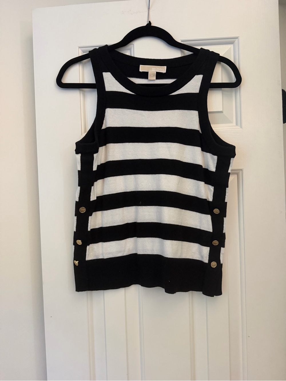 Michael Kors Black & White Striped Sleeveless Tank with Side Buttons